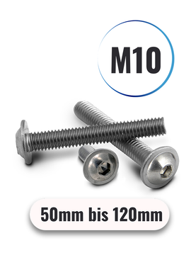 Linsenschrauben M10 von 50 bis 120mm Innensechskant ISK u. Flansch ISO 7380 aus Edelstahl A2