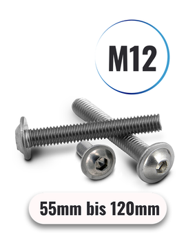 Linsenschrauben M12 von 55 bis 120mm Innensechskant ISK u. Flansch ISO 7380 aus Edelstahl A2