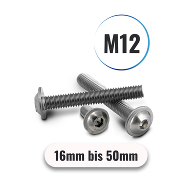 Linsenschrauben M12 von 16 bis 50mm Innensechskant ISK u. Flansch ISO 7380 aus Edelstahl A2