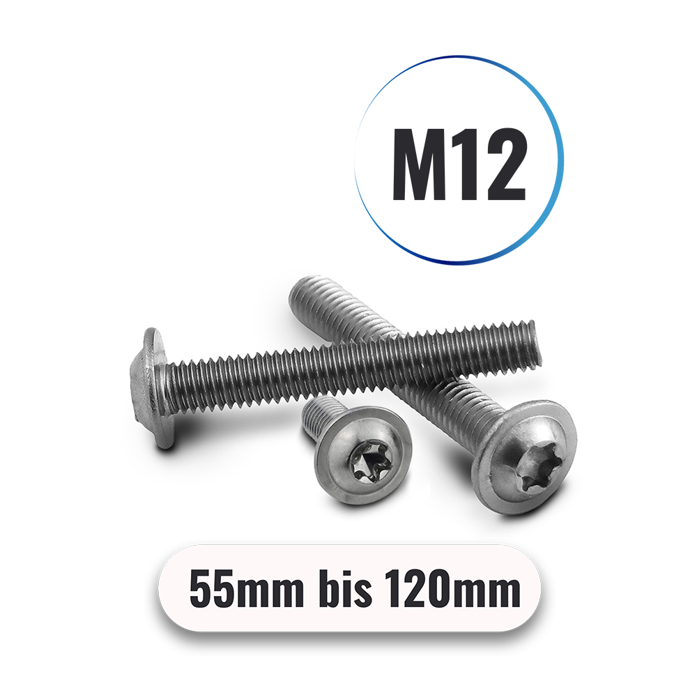 Linsenschrauben M12 von 55 bis 120mm Innensechsrund TX u. Flansch ISO 7380 aus Edelstahl A2