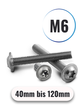 Linsenschrauben M6 von 40 bis 120mm Innensechsrund TX u. Flansch ISO 7380 aus Edelstahl A2