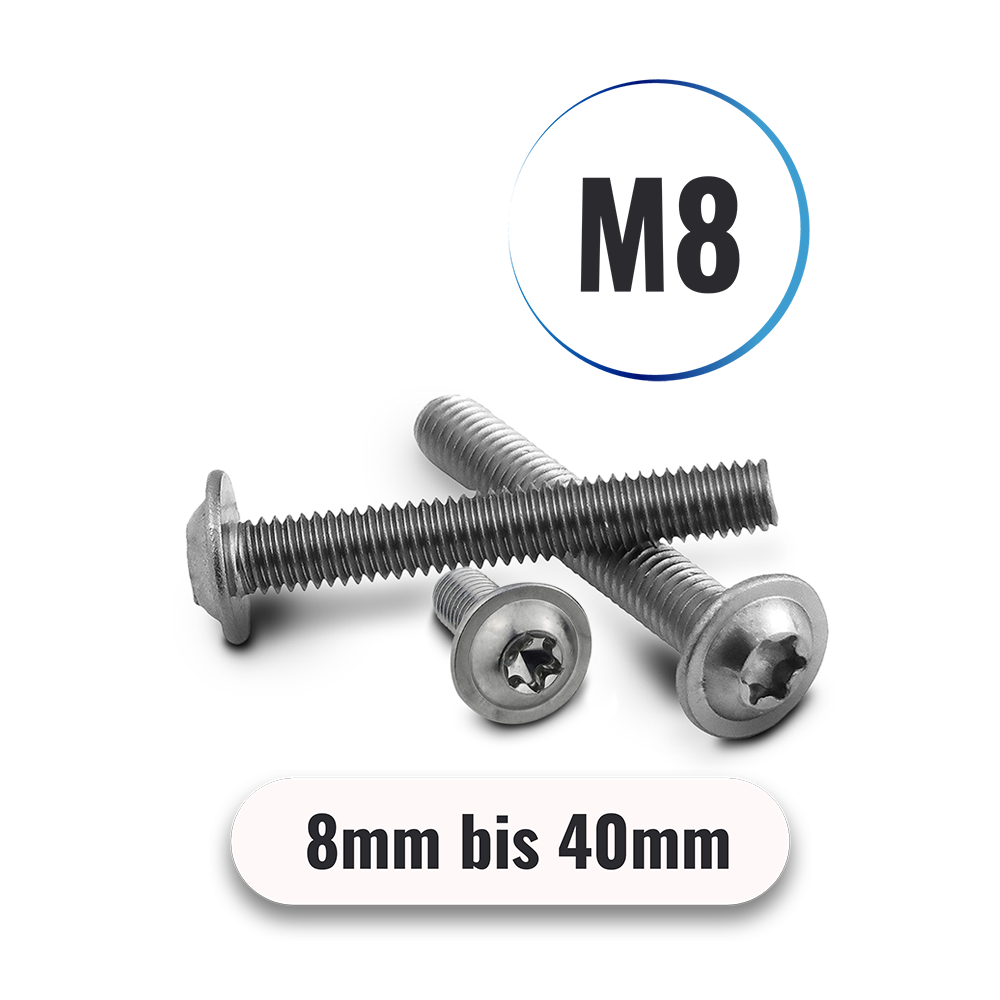 Linsenschrauben M8 von 8 bis 40mm Innensechsrund TX u. Flansch ISO 7380 aus Edelstahl A2