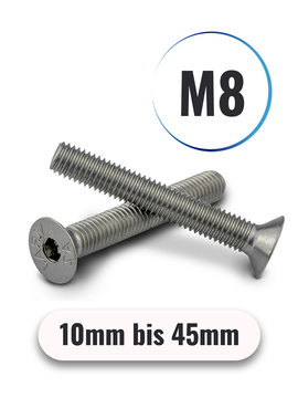 Senkkopfschrauben M8 von 10 bis 45mm mit Innensechskant DIN 7991 aus Edelstahl A2