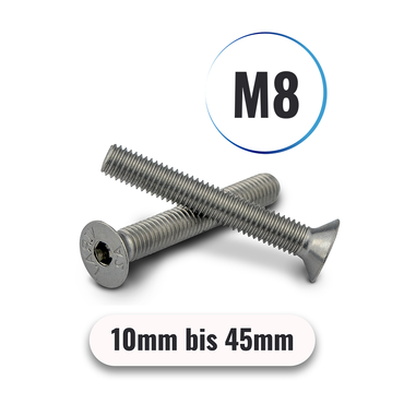 Senkkopfschrauben M8 von 10 bis 45mm mit Innensechskant DIN 7991 aus Edelstahl A2