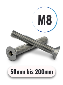 Senkkopfschrauben M8 von 50 bis 200mm mit Innensechskant DIN 7991 aus Edelstahl A2