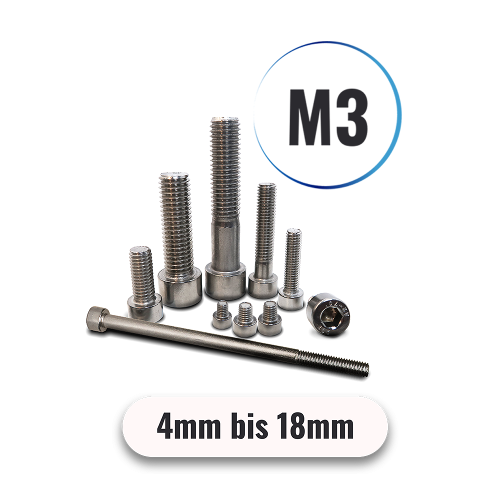 Zylinderschrauben M3 von 4 bis 18mm mit Innensechskant DIN 912 aus Edelstahl A2