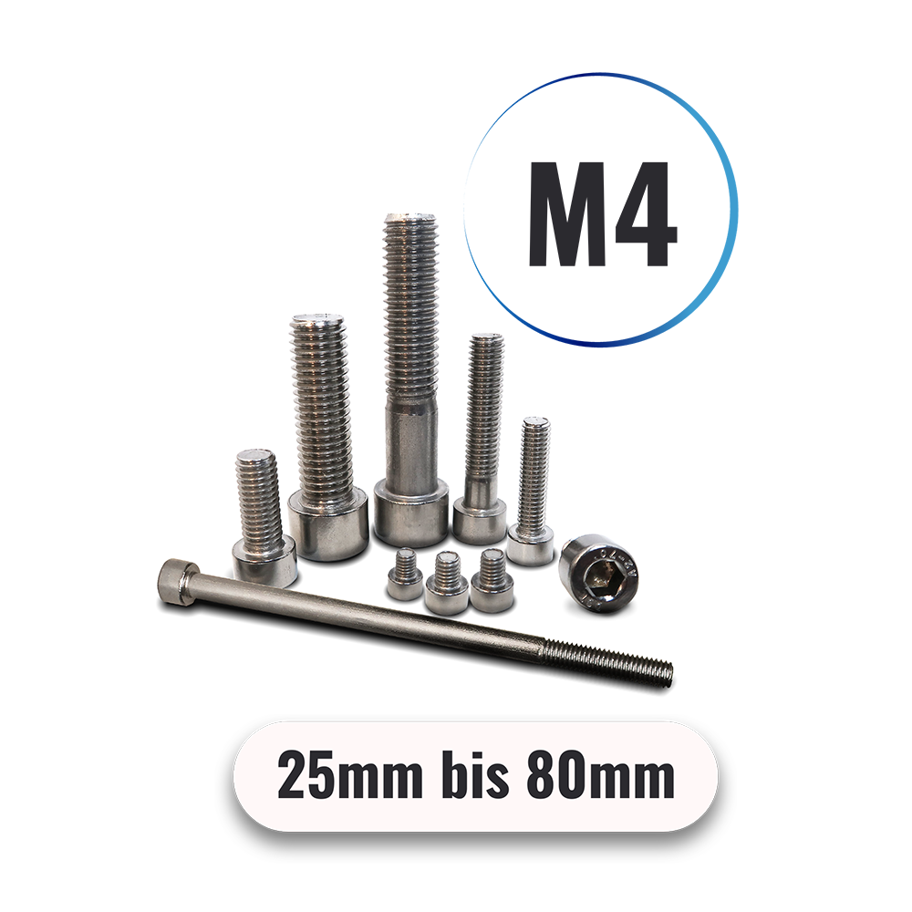 Zylinderschrauben M4 von 25 bis 80mm mit Innensechskant DIN 912 aus Edelstahl A2