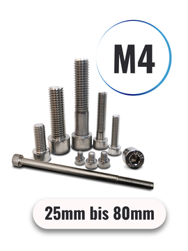 Zylinderschrauben M4 von 25 bis 80mm mit Innensechskant DIN 912 aus Edelstahl A2