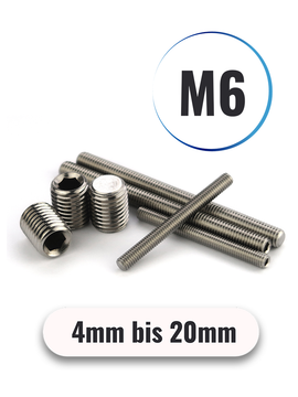 Gewindestifte M6 von 4 bis 20mm mit ISK u. Kegelkuppe DIN 913 aus Edelstahl A2