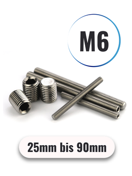 Gewindestifte M6 von 25 bis 90mm mit ISK u. Kegelkuppe DIN 913 aus Edelstahl A2