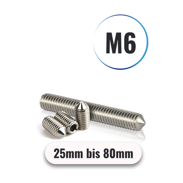 Gewindestifte M6 von 25mm bis 80mm mit ISK u. Spitze DIN 914 aus Edelstahl A2