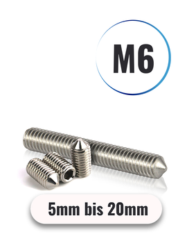 Gewindestifte M6 von 5mm bis 20mm mit ISK u. Spitze DIN 914 aus Edelstahl A2