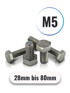 Sechskantschrauben M5 von 28 bis 80mm DIN 933 aus Edelstahl A2
