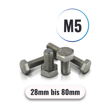 Sechskantschrauben M5 von 28 bis 80mm DIN 933 aus Edelstahl A2