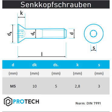 Senkkopfschrauben M5 von 35 bis 80mm mit Innensechskant DIN 7991 aus Edelstahl A2