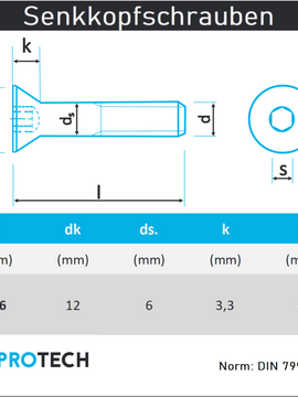 Senkkopfschrauben M6 von 40 bis 90mm mit Innensechskant DIN 7991 aus Edelstahl A2