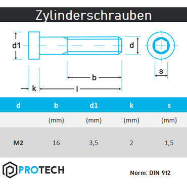 Zylinderschrauben M1,6 M2 mit Innensechskant DIN 912 aus Edelstahl A2